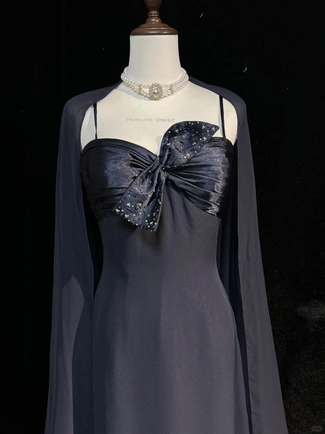 Navy Spaghetti Strap Midi Homecoming Dress Satin Bodice Rhinestone Bow Chiffon A-Line Vintage Cocktail Evening Gown  NV6909
