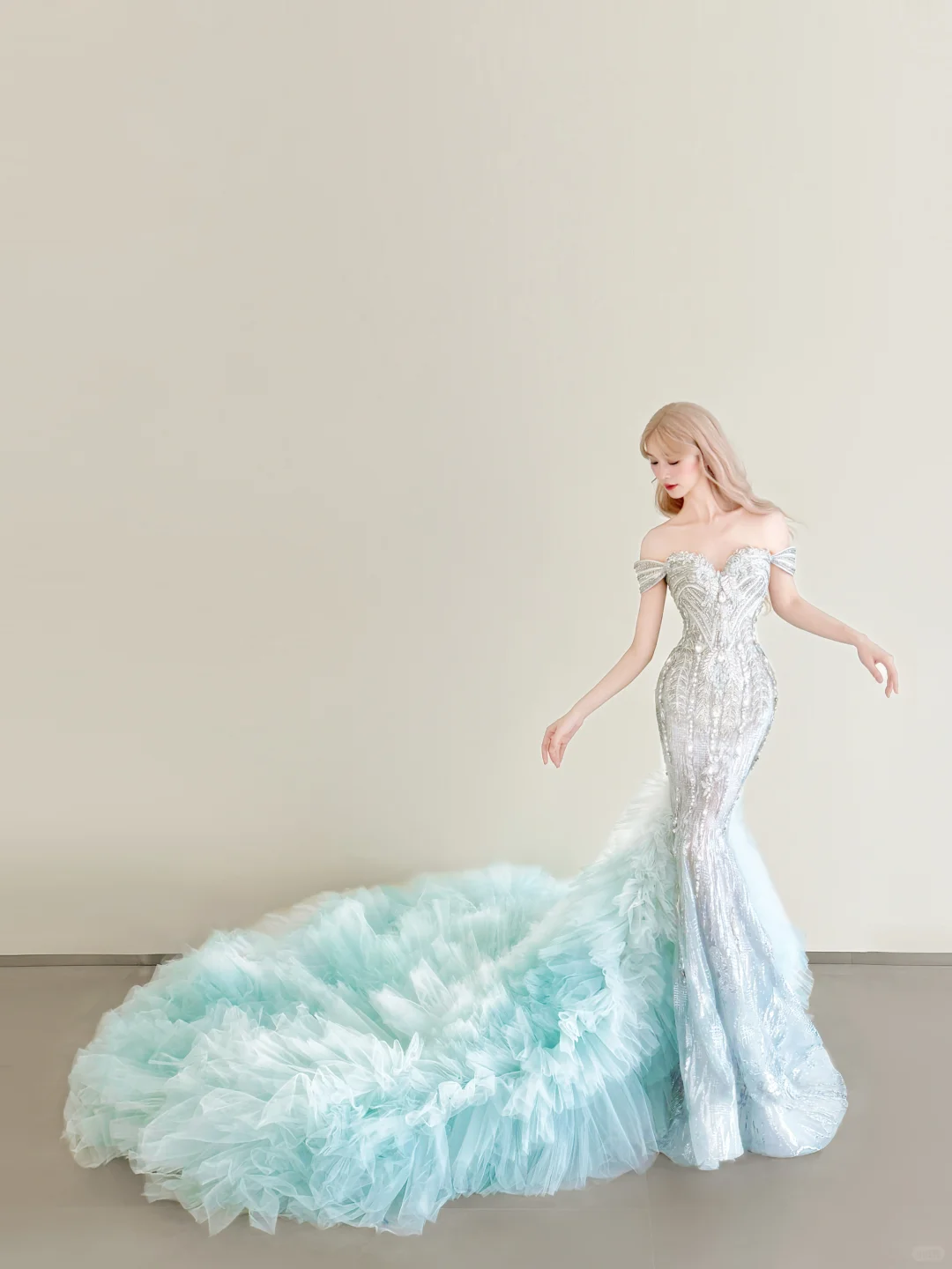 Mint Green Off Shoulder Mermaid Prom Gown Beaded Sequin Ruffled Tulle Train  NV7176