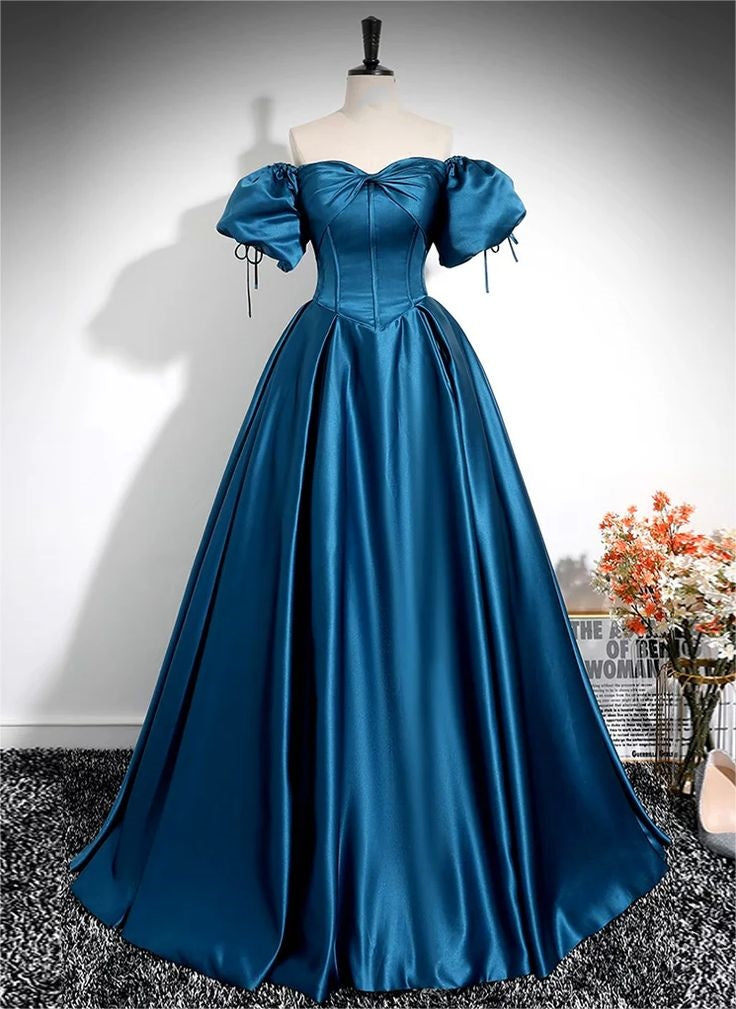 Robe de soirée longue en satin bleu paon à manches bouffantes et coupe trapèze nv2042