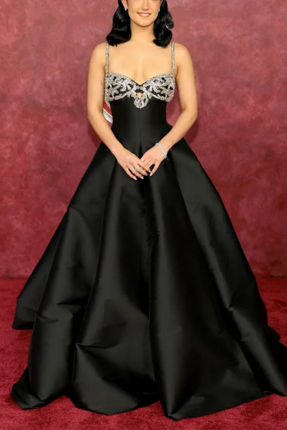 Luxury Palace Style Spaghetti Strap Beaded Gown | Black Satin Ballgown Train Maxi Dress for Red Carpet Gala Awards Ceremony High-End Social Event NV6270