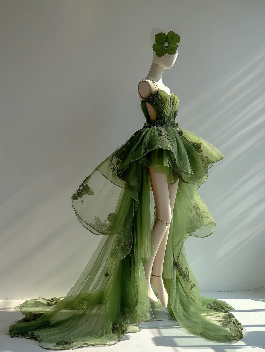 Dark Green Fairy High Low Tulle Gown with Spaghetti Strap and Lace Appliqué  NV7502