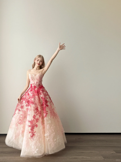 Strapless Pink Red Ombre Tulle Ball Gown 3D Floral Prom Dress  NV7129
