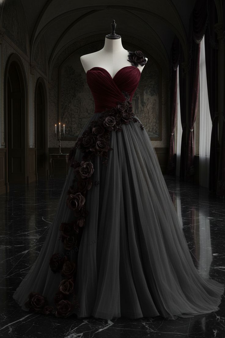 Sleeveless Burgundy & Gray Tulle Gown | Dark Style 3D Rose Train Maxi Dress for Gala Ball NV6302