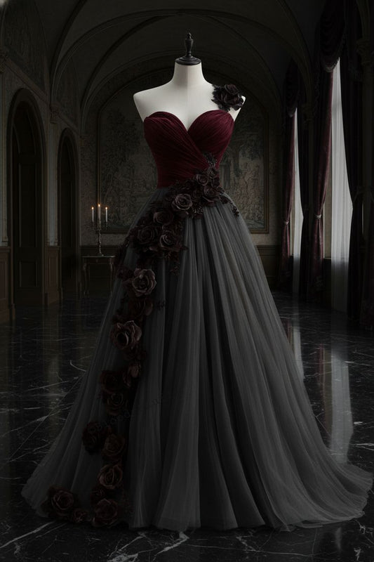 Sleeveless Burgundy & Gray Tulle Gown | Dark Style 3D Rose Train Maxi Dress for Gala Ball NV6302
