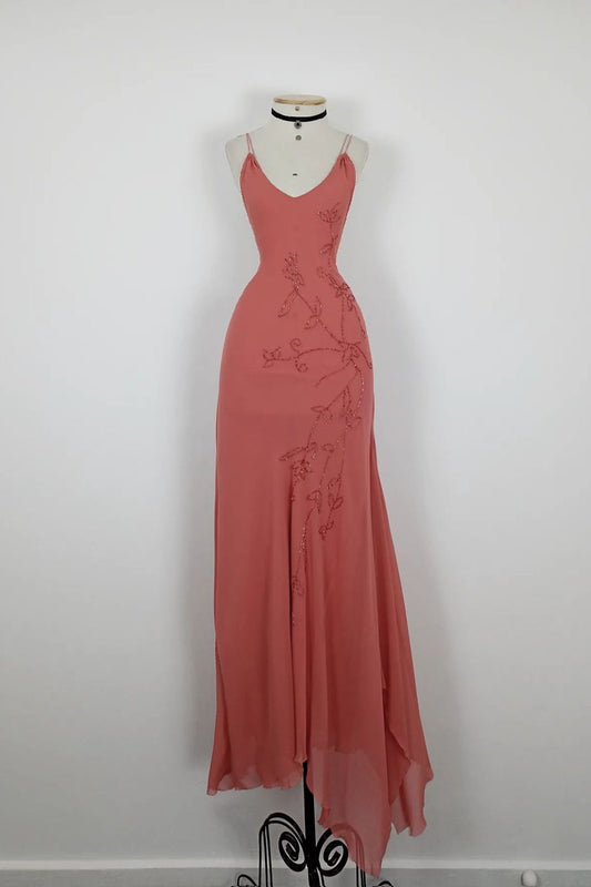 NiceVestidos-_Vintage Coral Pink Spaghetti Strap Bead-Embroidered Slit Long Evening Gown NV5922