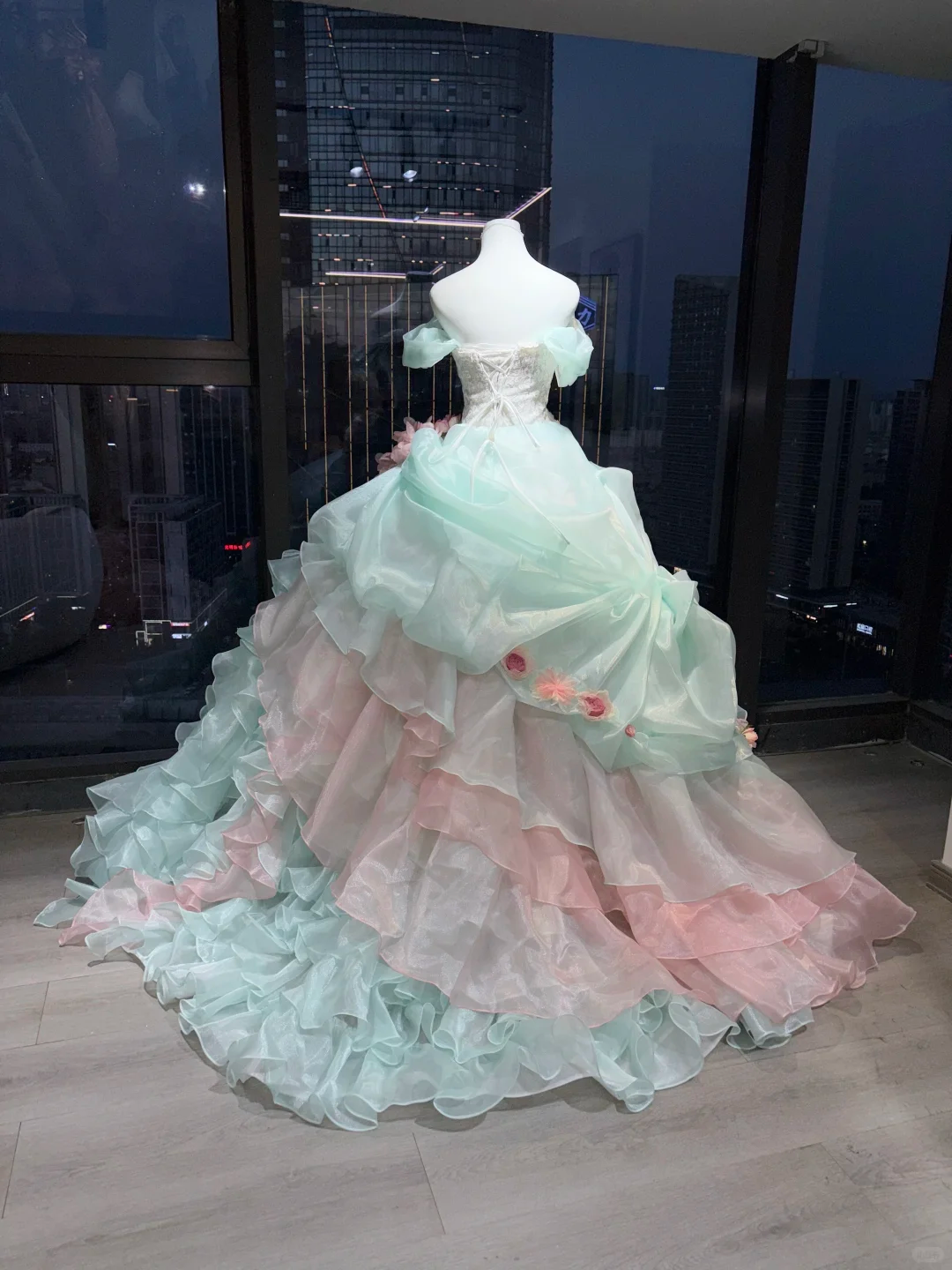Mint Green Pink Ombre Strapless Princess Ball Gown Lace 3D Flowers Tiered Ruffle Organza Long Evening Gown  NV7008