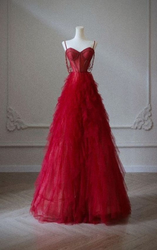 NiceVestidos--Red Spaghetti - Strap Beaded Tulle Gown, Romantic Layered Train Banquet Dress NV5758