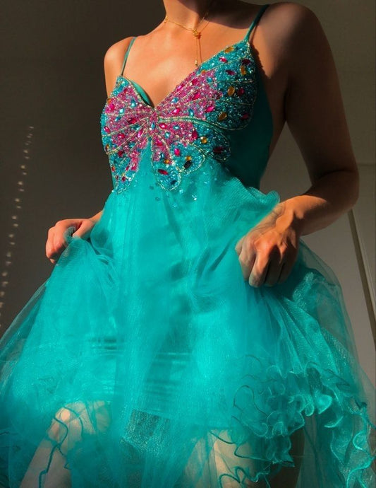 Teal Butterfly Beaded Short Chiffon Fantasy Fairy Homecoming Dress Birthday Party Dress nv5191