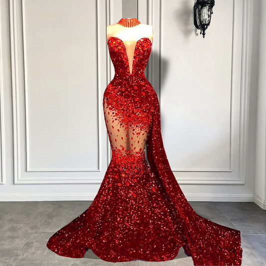 Wunderschönes rotes, glänzendes Pailletten-Herz-Ausschnitt-Dekolleté mit tiefem seitlichem V-Ausschnitt und langem Schleppschlitz aus Tüll, sexy Ballkleid, Abendkleid, Partykleid, NV3258