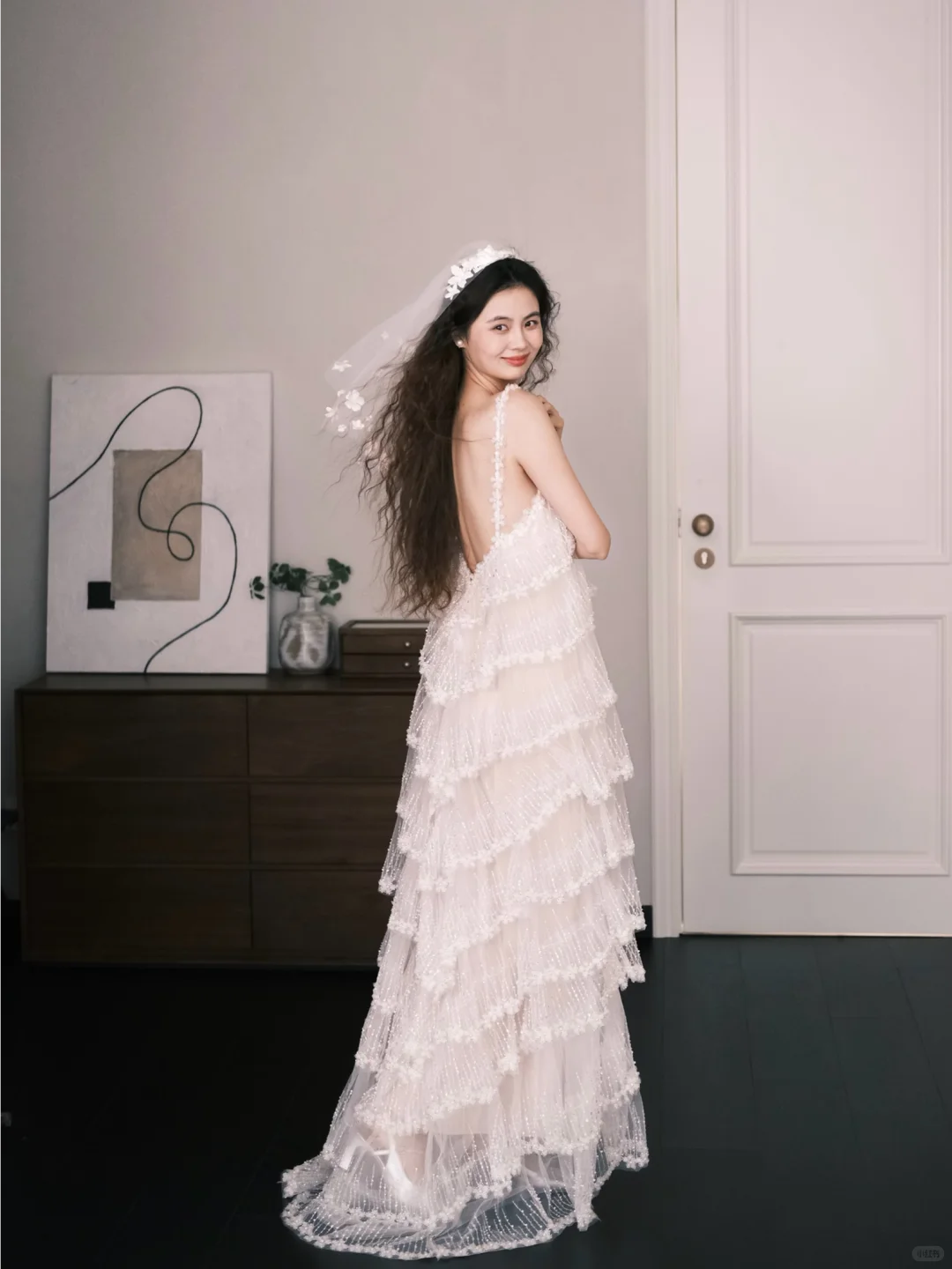 Spaghetti Strap Tiered Beaded Tulle Wedding Dress with Floral Trim  NV7380