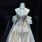Silver White Sparkly Beaded Mermaid Evening Gown Halter 3D Petal Tulle Prom Dress  NV7070