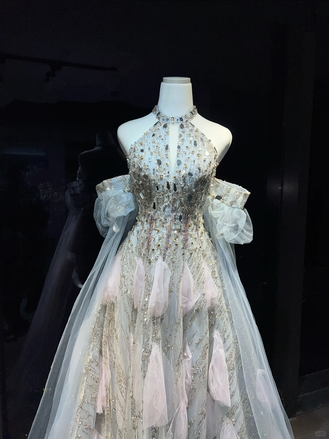 Silver White Sparkly Beaded Mermaid Evening Gown Halter 3D Petal Tulle Prom Dress  NV7070