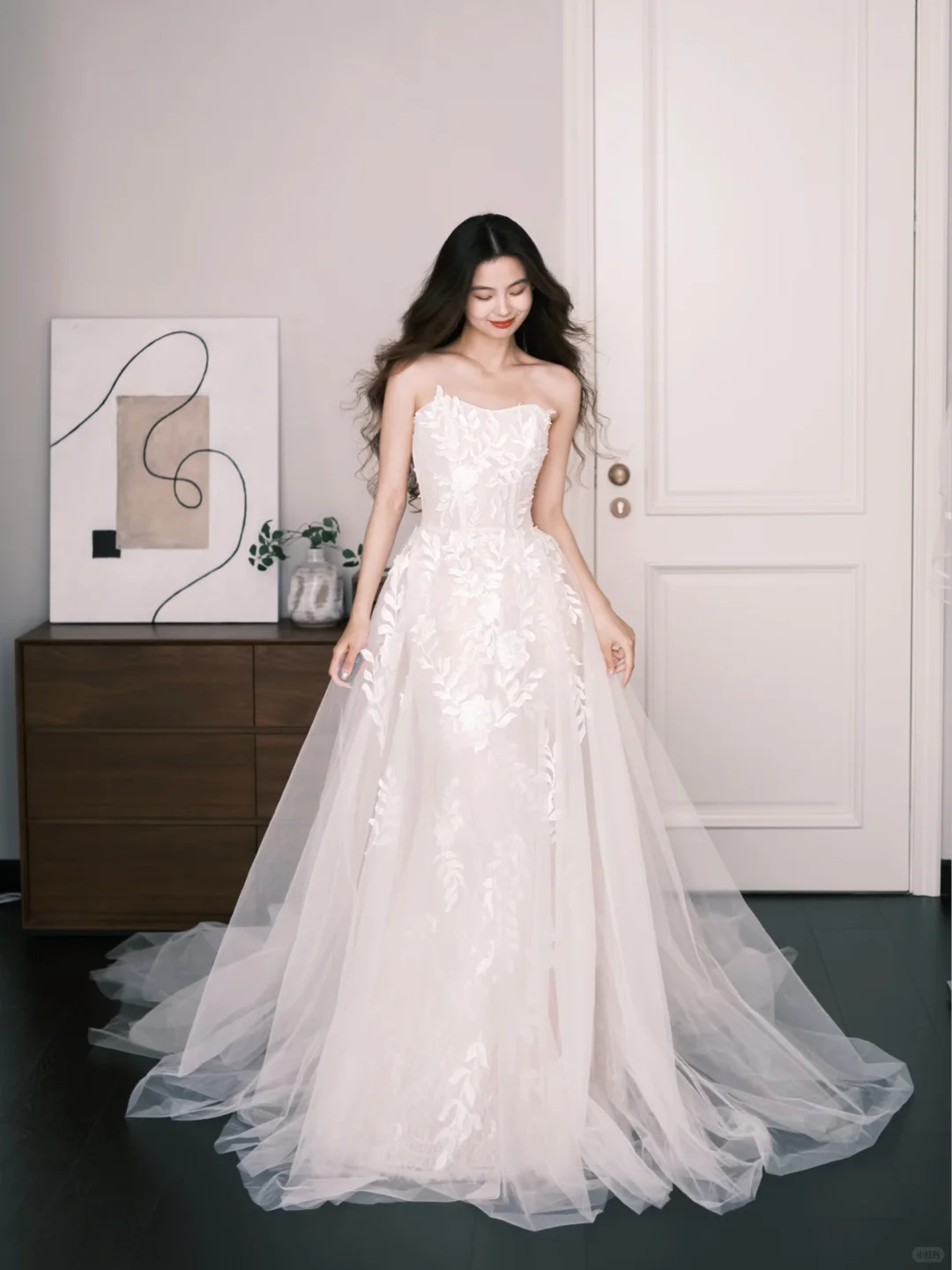 Tulle A Line Wedding Dress Strapless 3D Floral Applique High Slit Bridal Gown  NV7243