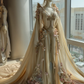 Champagne Elf Fairy Chiffon Gown with Cape Sleeves & 3D Florals  NV7509
