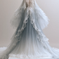 Light Blue White Gradient Wedding Ball Gown, Beaded Floral Detail, Long Ruffled Sleeves, Sparkle Tulle Train  NV7481