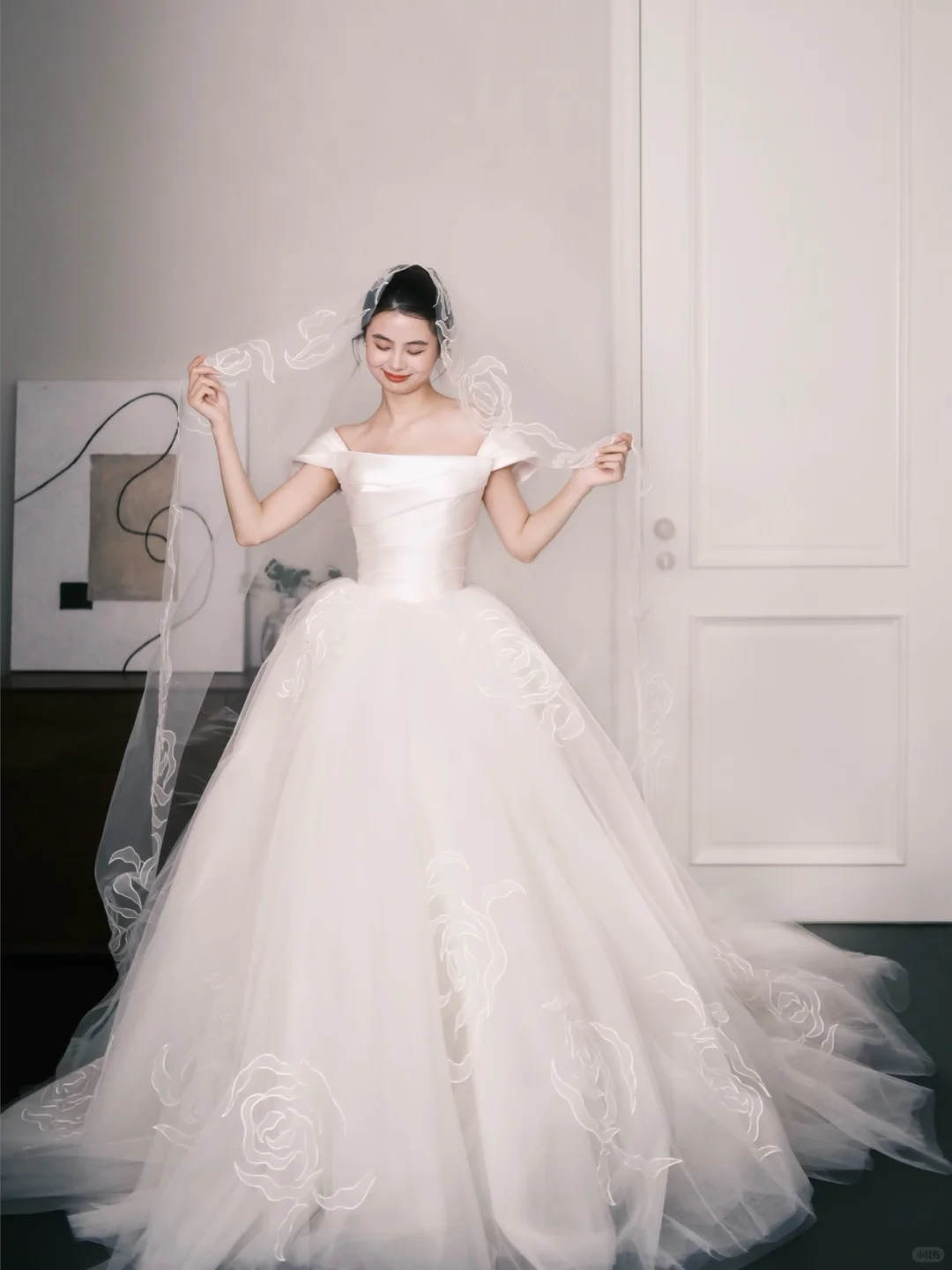 Strapless Draped Satin Tulle Wedding Dress with Rose Embroidery  NV7361
