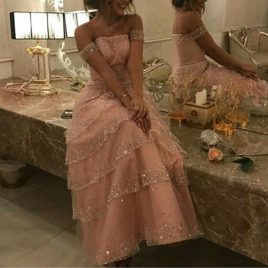 Robe de soirée longue en tulle pailleté rose scintillante et élégante nv3179