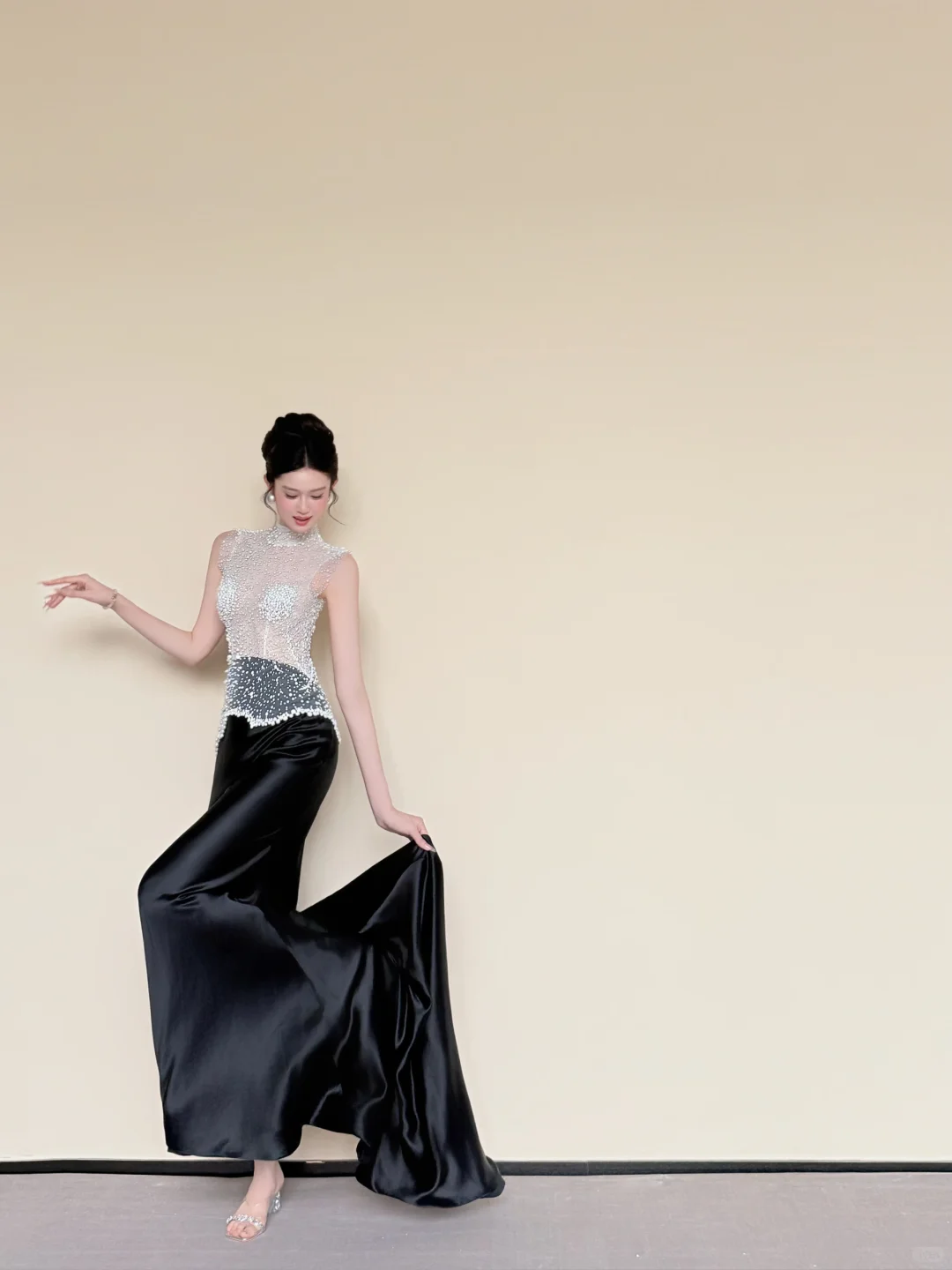 High Neck Sheer Rhinestone Black Satin Mermaid Evening Gown  NV7423