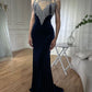 Marineblaues Abendkleid aus Samt mit Kette und kurzen Ärmeln, Ballkleid, nv2710