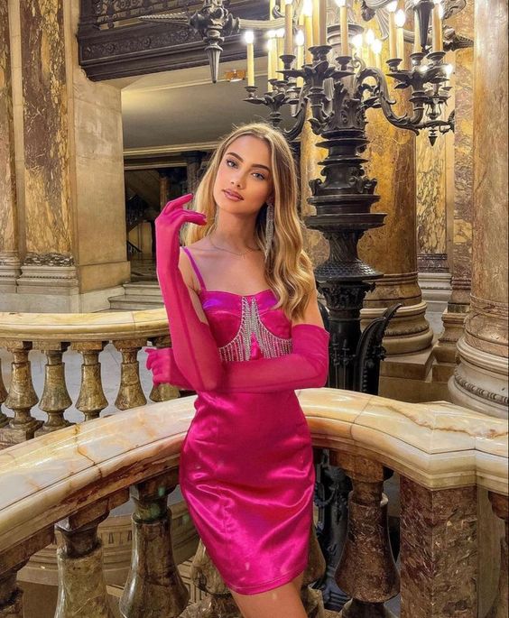 Robe de soirée courte et fine Barbie rose à la mode, robe de soirée, robe de soirée, robe de soirée, avec chaîne et gants, nv2355