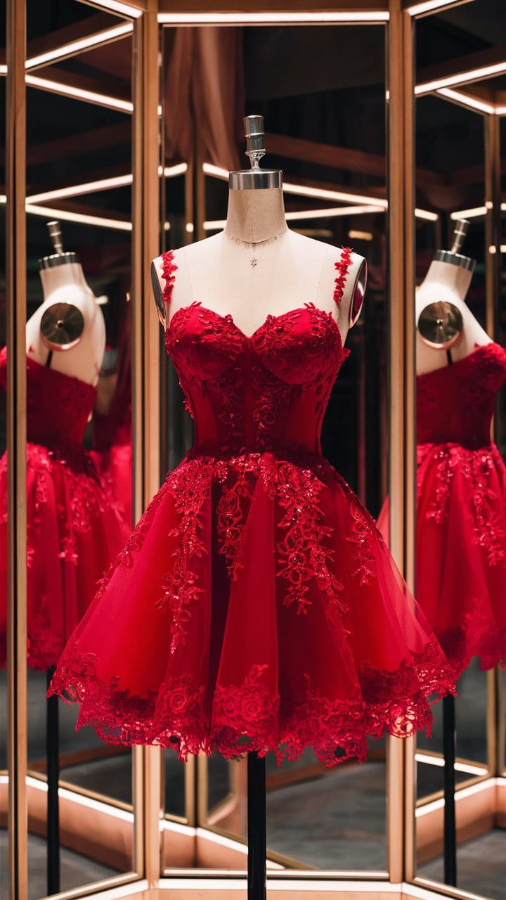 Robe de soirée courte en tulle et dentelle rouge avec appliques, robe de fête d'anniversaire nv4932