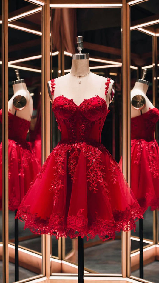 Robe de soirée courte en tulle et dentelle rouge avec appliques, robe de fête d'anniversaire nv4932