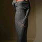 Champagne gold/grey sequined long sleeves charming off-the-shoulder long prom dress party dress nv5295