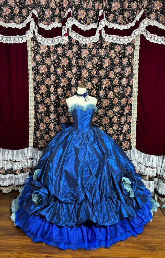 Blue floral satin ball gown evening dress quinceanera dress nv4640