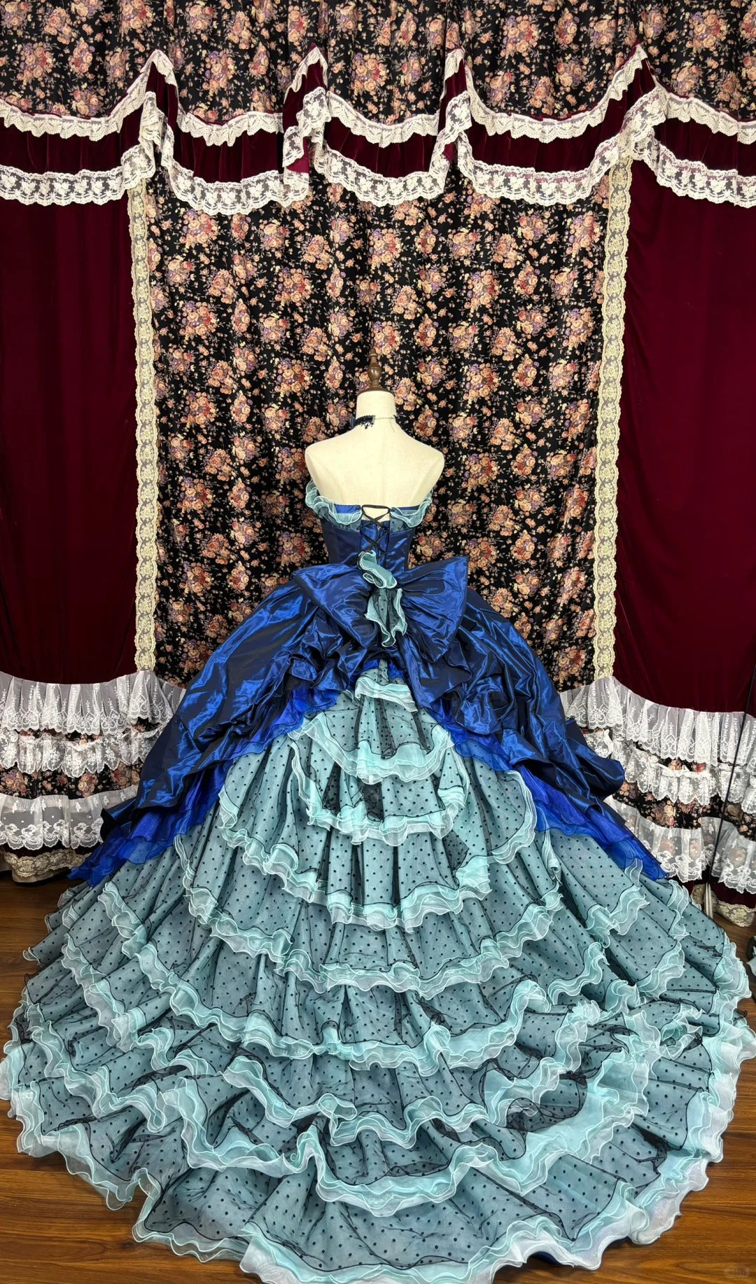 Blue floral satin ball gown evening dress quinceanera dress nv4640