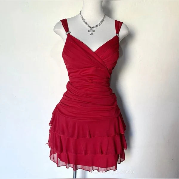 Red short chiffon ruffle homecoming dress birthday party dress nv5298