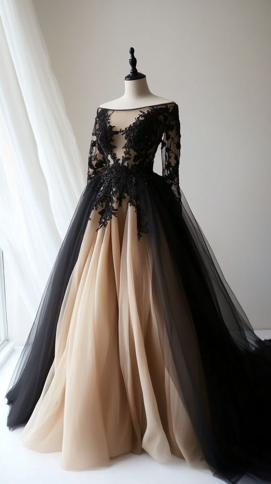 Wedding Dress Dark Palace Style Long-Sleeve Lace Gown | Black Tulle x Nude Tulle Ballgown Train Maxi Dress for Gala Ball Retro Theme Party NV6259