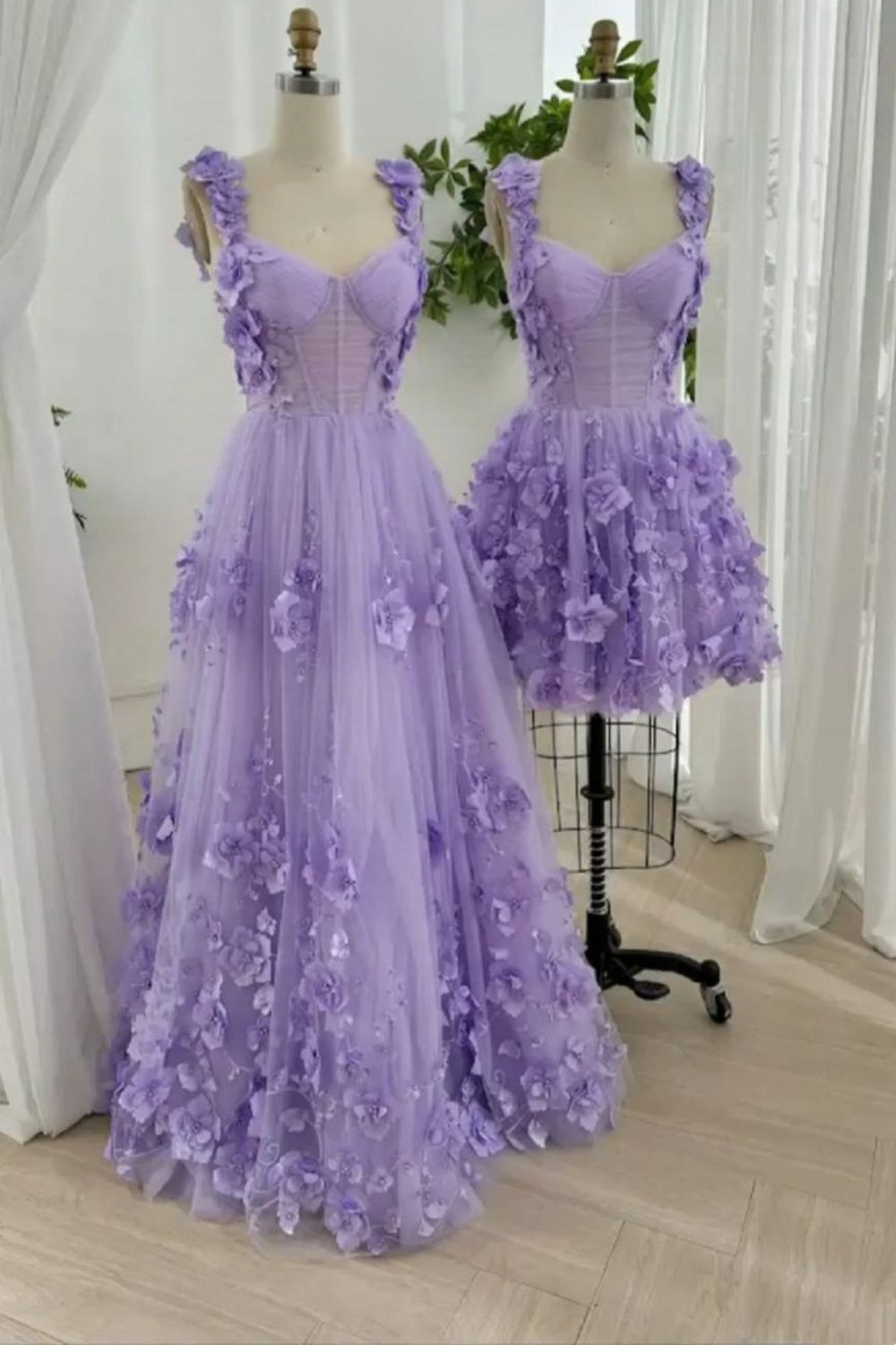 NiceVestidos – Lila geblümtes Tüllkleid, lang/kurz, NV6004