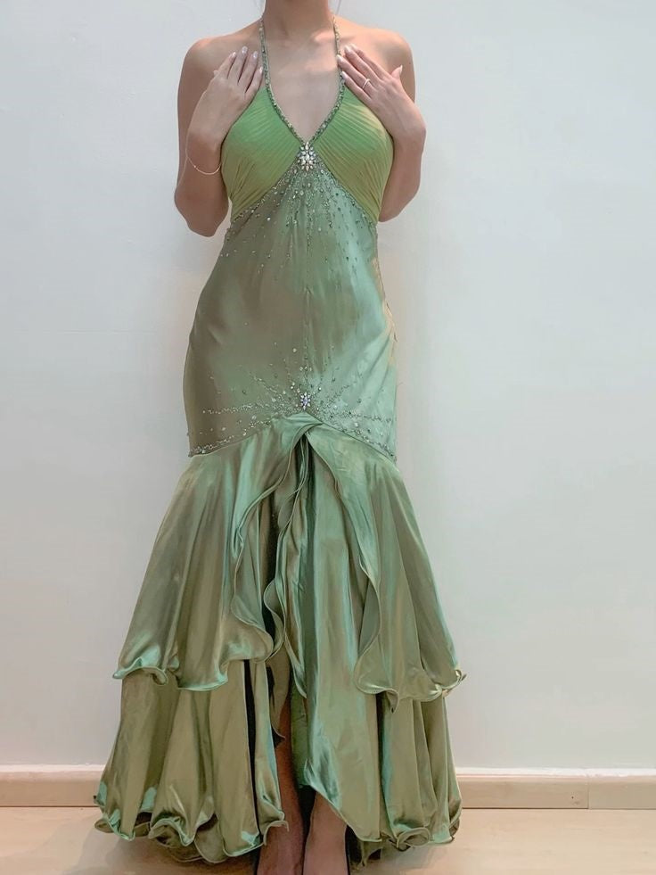 Grünes Vintage Perlenbesetztes langes Ballkleid Abendkleid nv2098