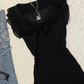 Black V Neck Chiffon Short Homecoming Dress Flutter Ruffle Sleeve Bow Front Pleated A-Line Vintage Cocktail Gown  NV6913