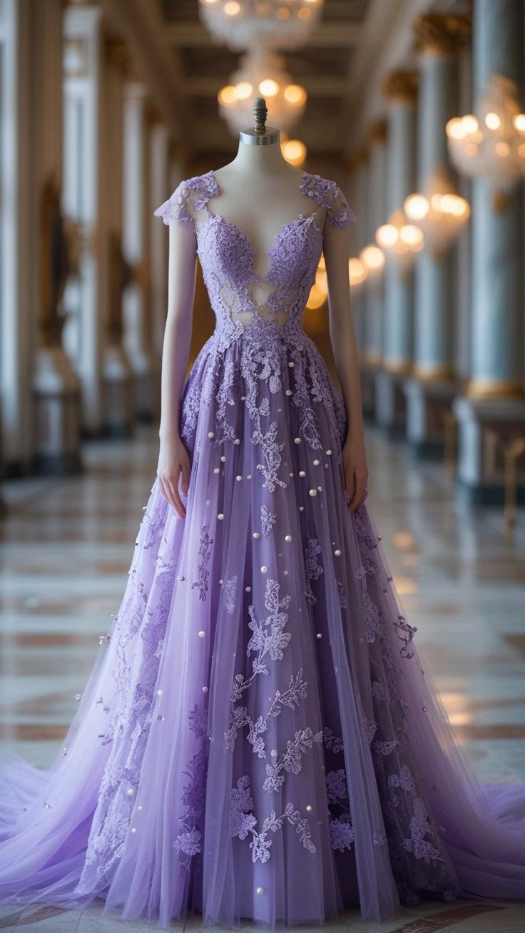 Luxury Fairy Lace Style Deep V Gown | Lavender Tulle Pearl Embroidered Ballgown Train Maxi Dress for Gala Engagement High-End Social Event NV6287