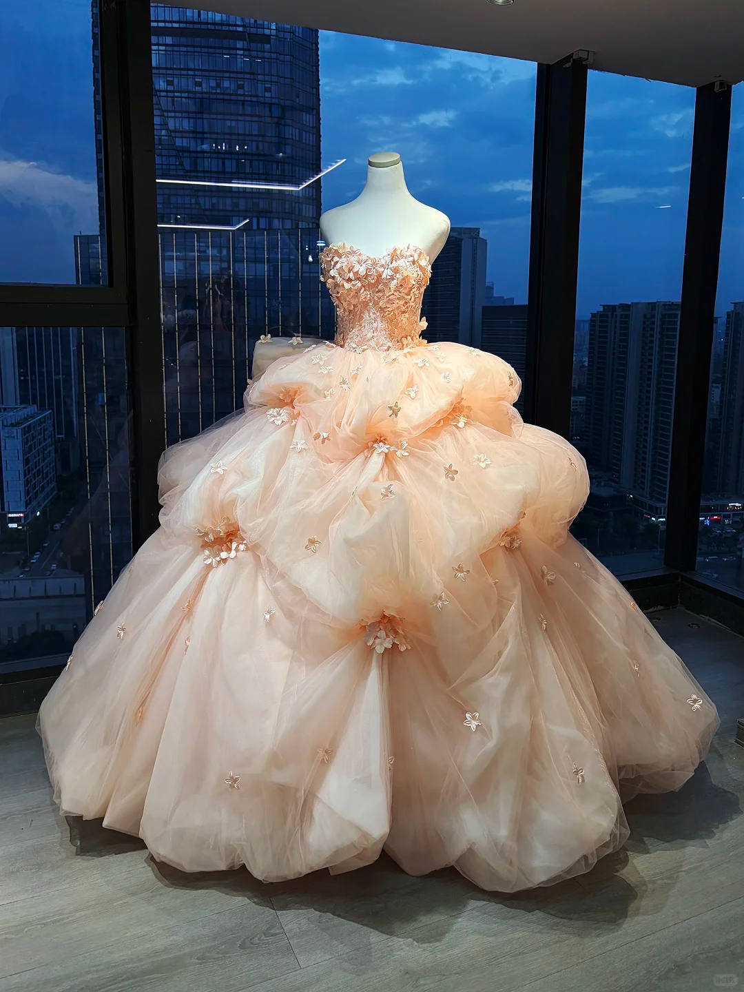 Strapless Peach Sweetheart Ball Gown Hand Beaded 3D Flower Layered Tulle Prom Dress  NV7041