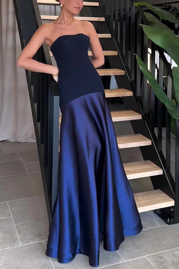 Robe longue évasée en satin simple, élégante et charmante, taille basse, bleu, haut tube à épaules dénudées, robe longue de bal, robe de soirée, robe de bal pour impressionner nv2583