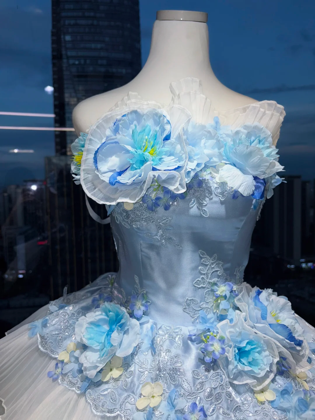 Light Blue Strapless Princess Ball Gown 3D Flower Lace Embroidery Tiered Ruffle Organza Long Evening Gown  NV7007