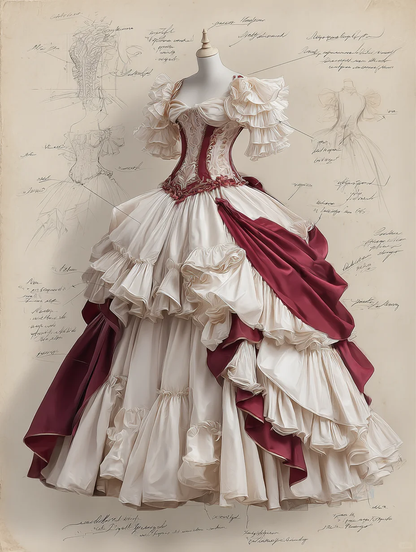 Ivory Burgundy Rococo Victorian Sweetheart Corset Tiered Ruffle Ball Gown  NV7407