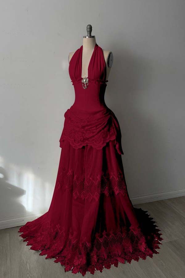 Red Delicate Lace Long Dress NV6688
