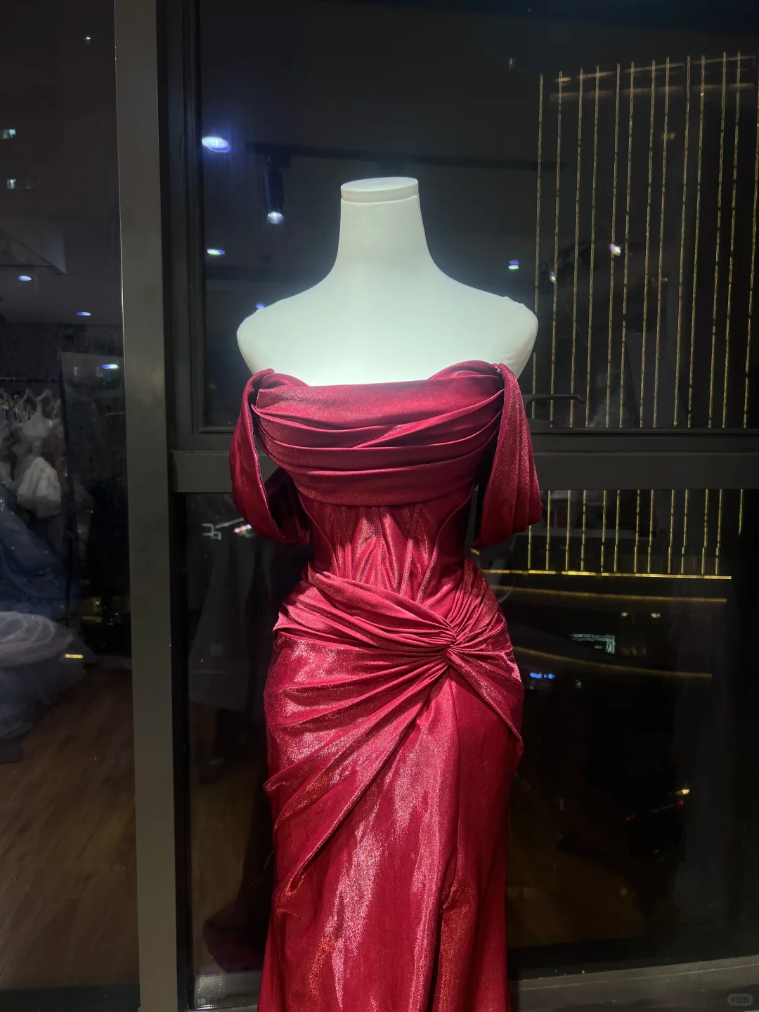 Burgundy Off Shoulder Mermaid Evening Dress, Draped Ruched Shimmer Gown With Train  NV7089