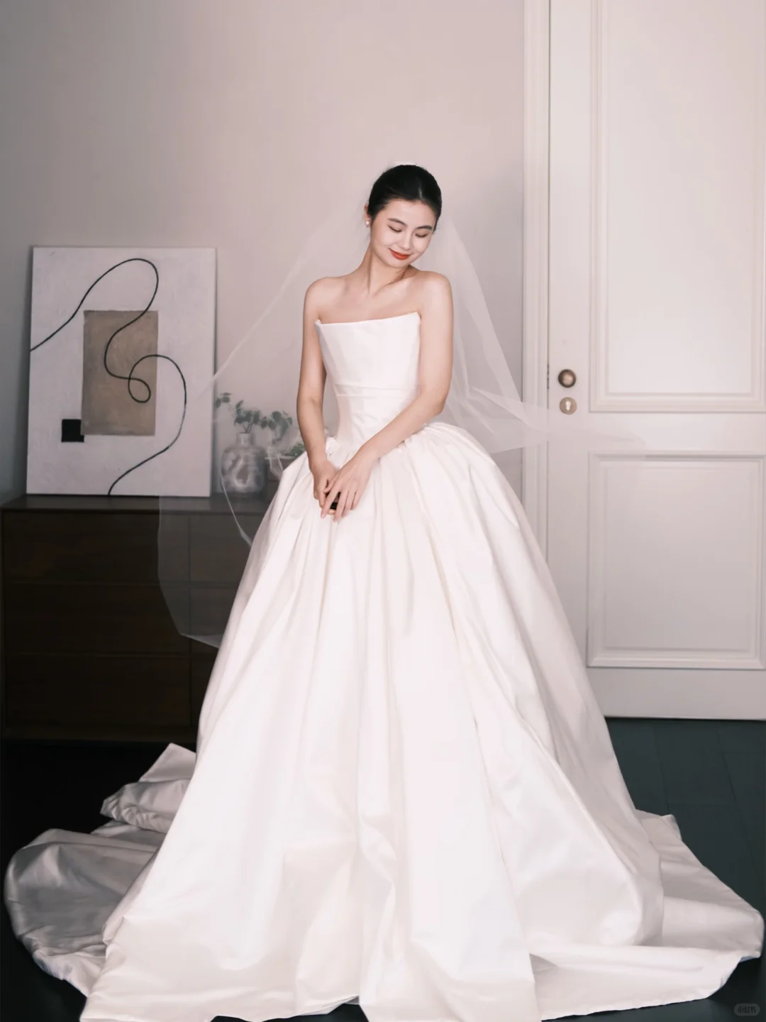 Strapless Satin Wedding Gown, Minimalist A Line Bridal Dress with Long Train  NV7348