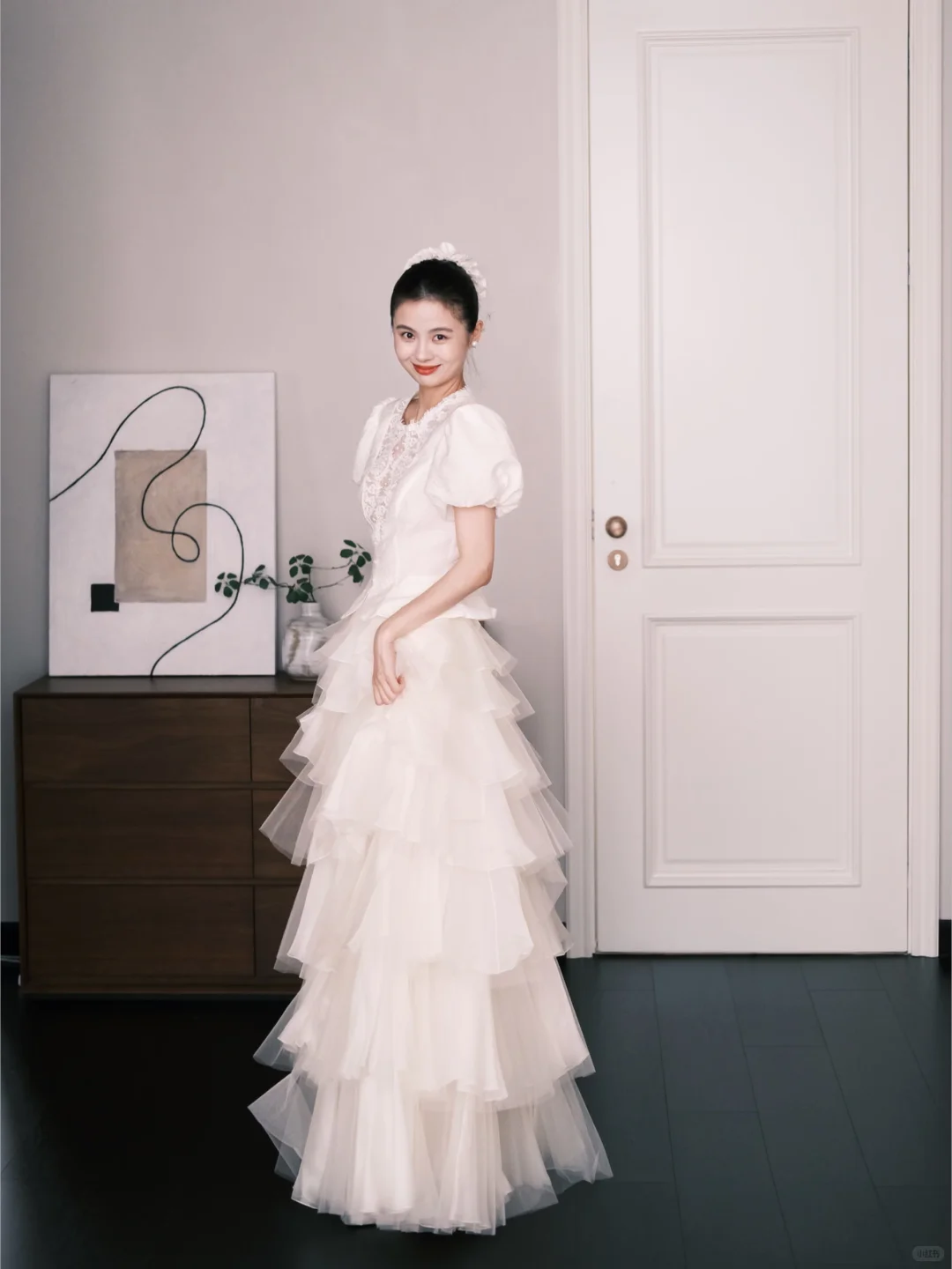 Vintage Tiered Tulle Wedding Dress Ivory Puff Sleeve Lace Bridal Gown  NV7252