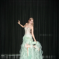 Strapless Mint Green Mermaid Prom Dress, Rhinestone Beaded 3D Ruffle High Slit Evening Gown  NV7104