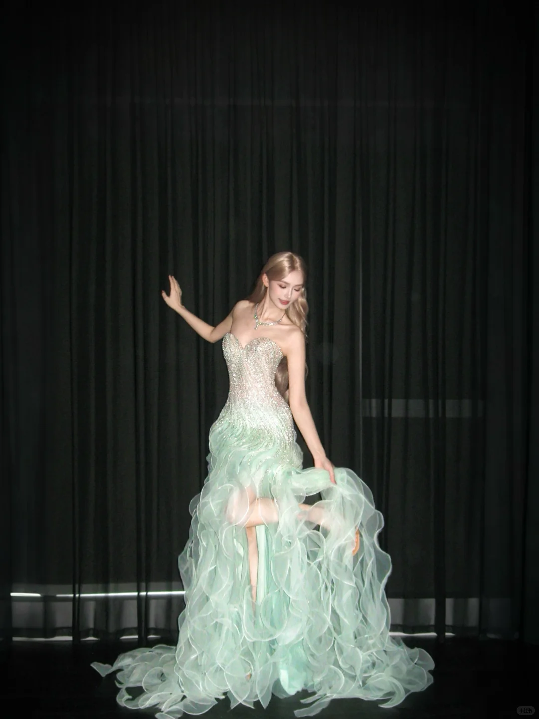 Strapless Mint Green Mermaid Prom Dress, Rhinestone Beaded 3D Ruffle High Slit Evening Gown  NV7104
