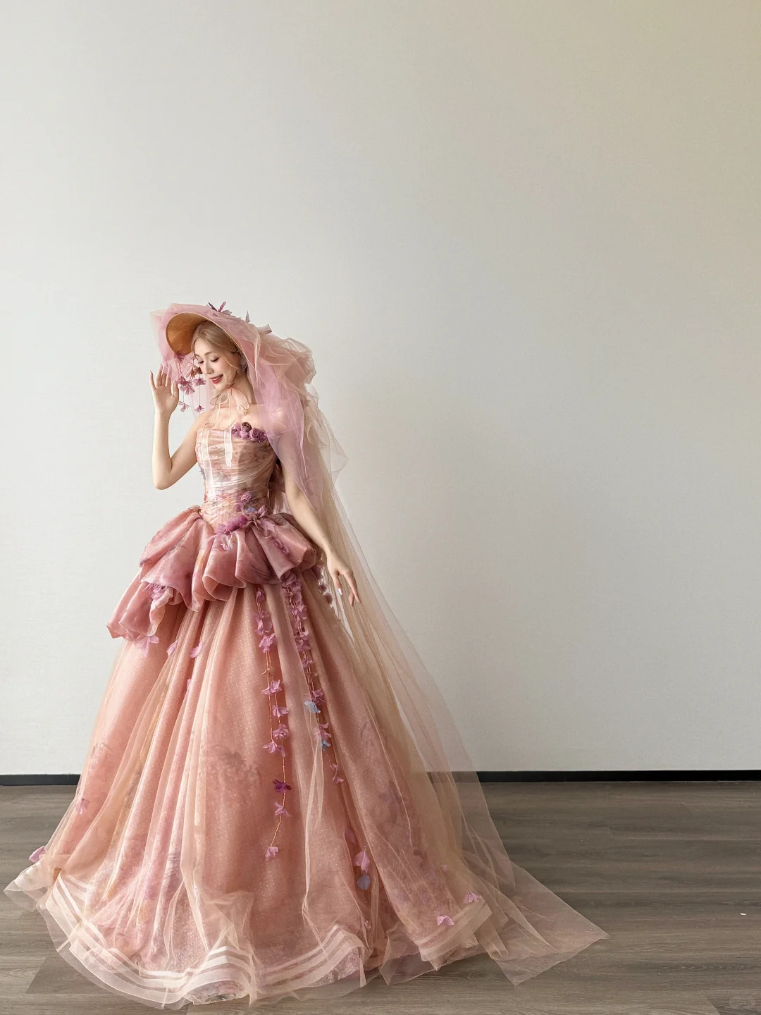 Strapless Pink Peach Tulle Ball Gown 3D Floral Prom Dress  NV7122