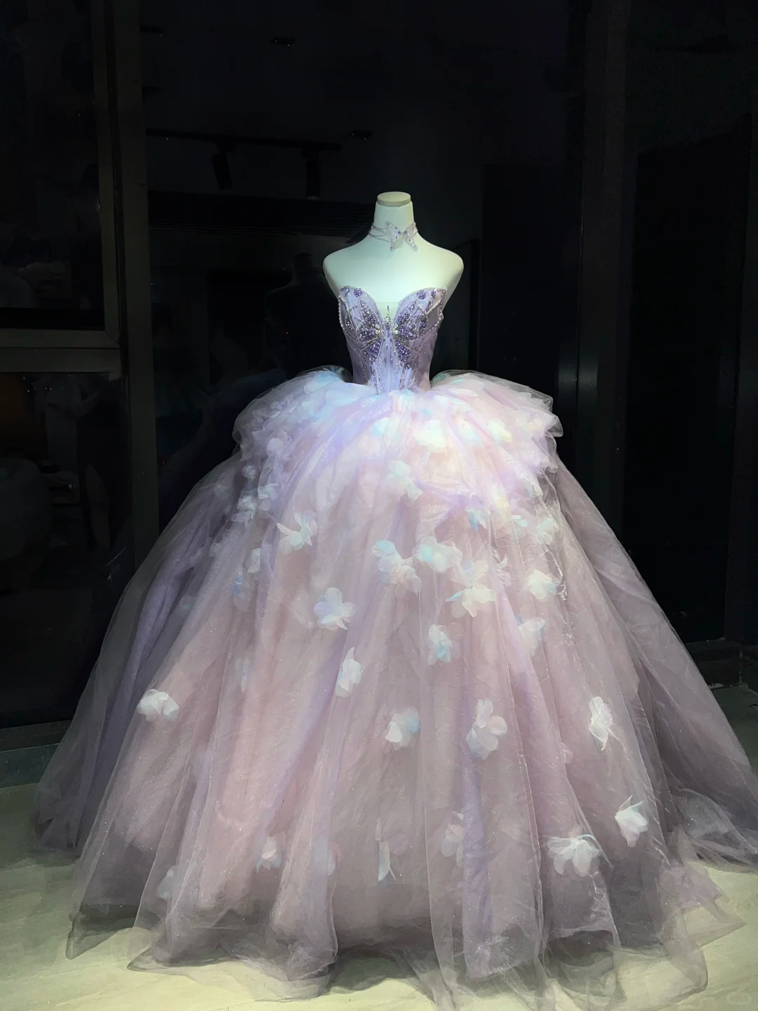 Strapless Lavender Prom Dress Sweetheart Neck Rhinestone Corset 3D Butterfly Tulle Ball Gown  NV7050