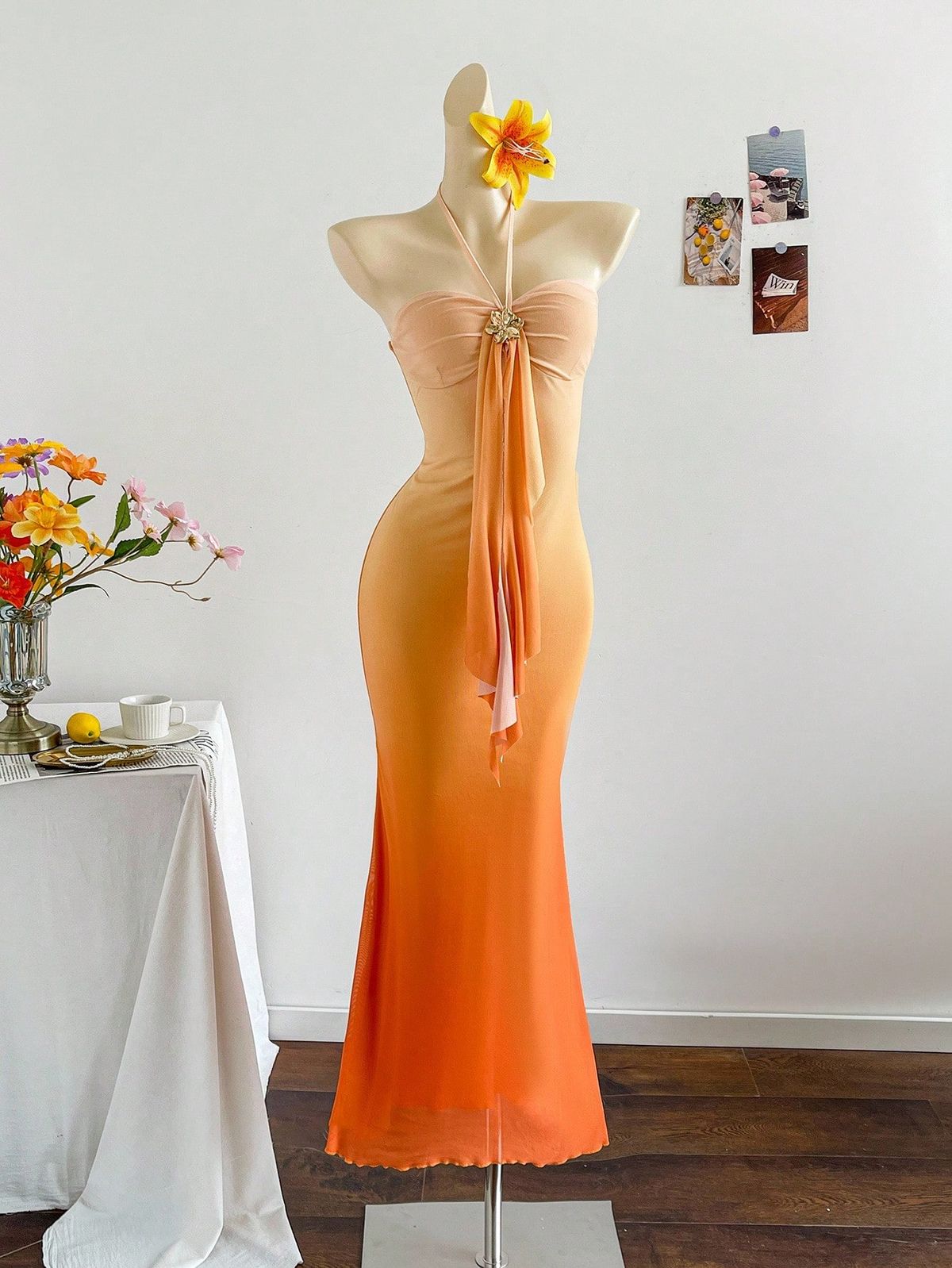 NiceVestidos-_Orange gradient chiffon long party dress NV5963