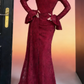 Burgundy Lace Slim Train Dress - High Neck Flared Sleeve Vintage Party Gown NV6794