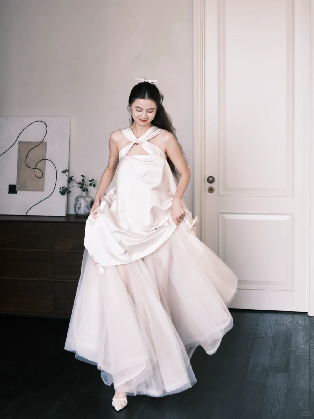 Halter Cutout Satin Tulle Wedding Dress with Beaded Bow Details  NV7385